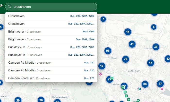 Search for “crosshaven”: bus stops ranked in one list